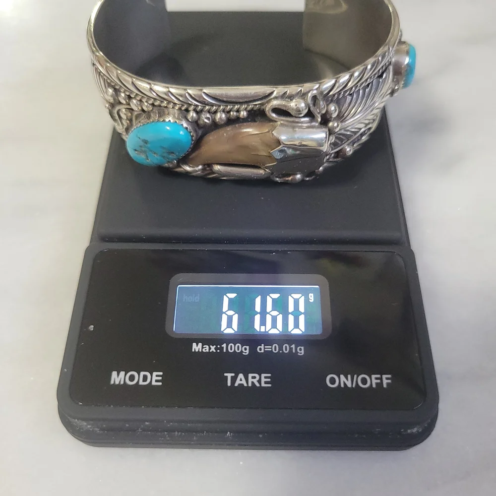Sterling Silver,Natural Turquoise, Rare Bearclaw "TedJoe" Navajo Cuff Bracelet - Picture 10 of 12